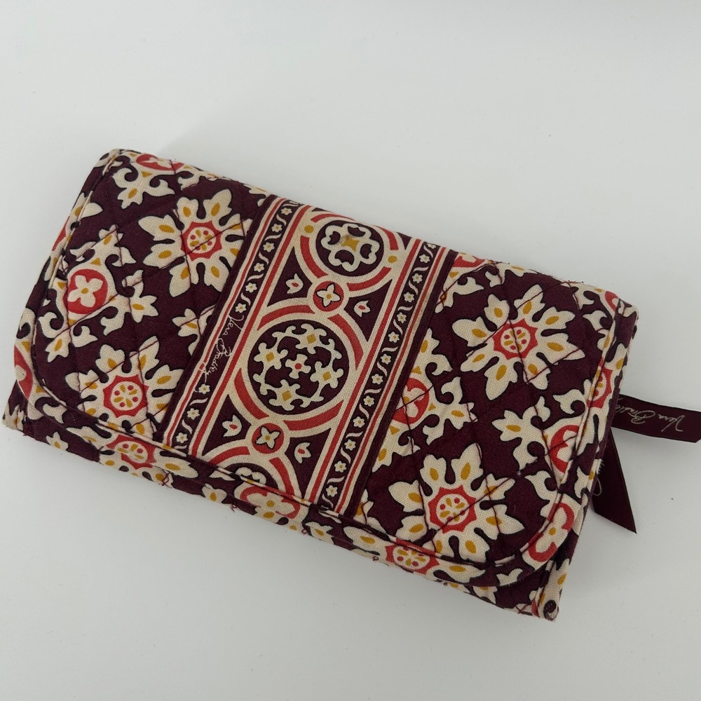 Vera Bradley Medallion Trifold Wallet Burgundy Quilted Floral Boho